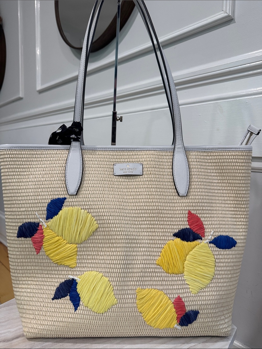 kate spade Bag Ash Straw Lemon Zest Large Woven Tote EUC - Picture 5 of 17